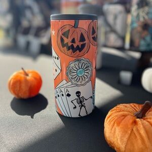 Halloween Themed Stainless Steel Koozie with Pumpkins and Skeleton